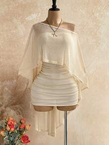 Soleia Party Gold Sequin Sheer Asymmetric Shoulder Loose Top & Ruched Hem Bodycon Mini Dress 2 Piece Set,Light Beige,Summer,Boho,Beach Vacation,Holiday - Gold - View 9