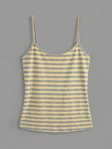 SHEIN BASICS 女士无袖修身条纹吊带背心，百搭夏季上衣 - 黃色 - 查看 8