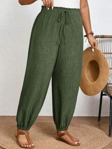 SHEIN Frenchy Summer Vacation Women's Tropical Print Knot Front High Waisted Long Pants - Green - View 7
