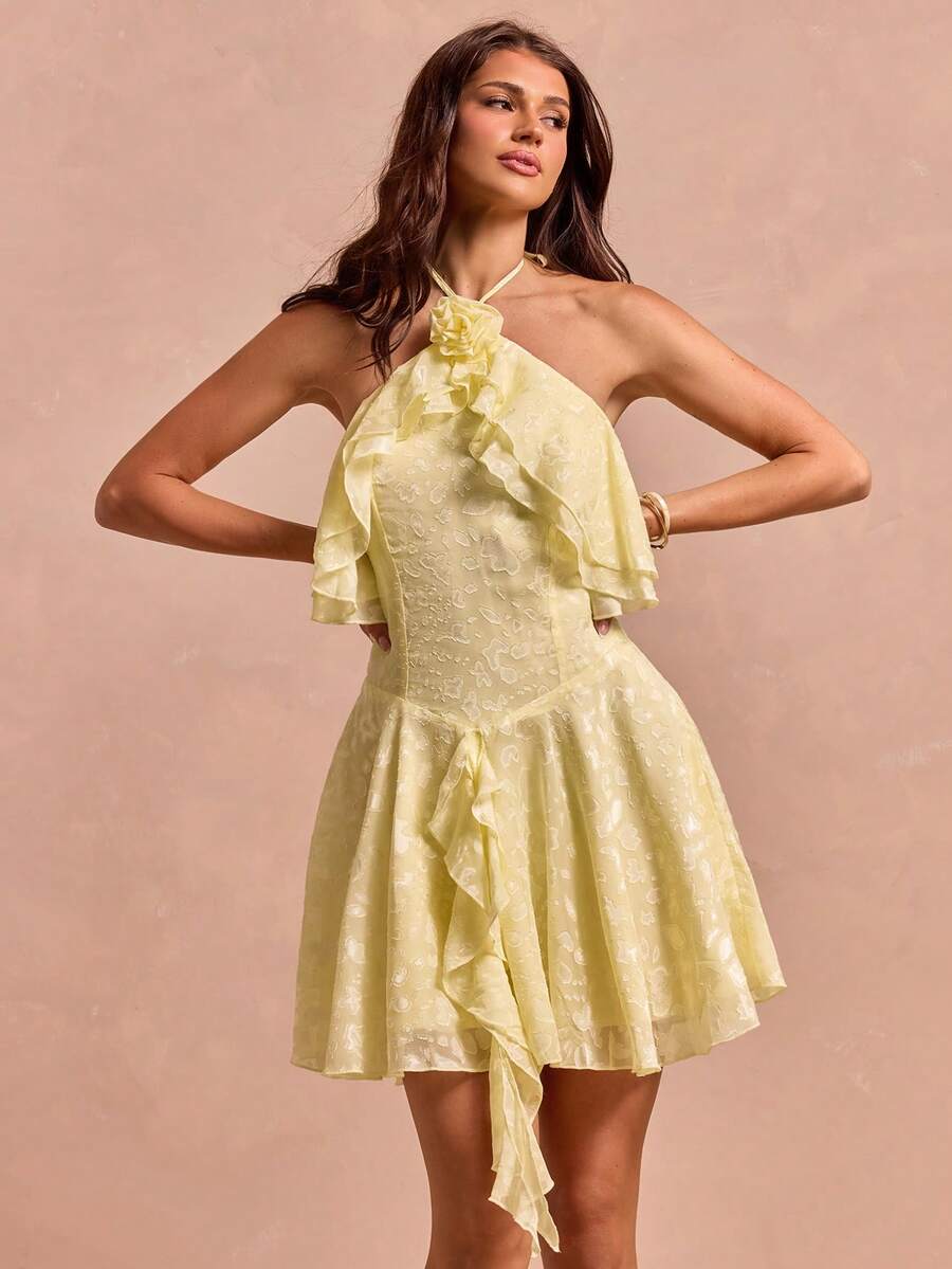 Enchnt Women's Elegant Pale Yellow Summer Halter Neck Dress,3D Floral Decor Ruffle Trim Solid Color Chic Holiday Vacation Outfits,Mother's Day Party - Yellow - View 1