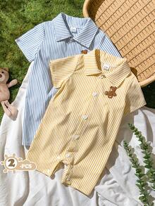 SHEIN Vintaside Kids 2件組男嬰純色紋理POLO領短袖上衣搭配刺繡動物圖案與短褲套裝，適合春/夏季、日常活動、百搭、夏季度假休閒穿著 - 彩色 - 查看 4