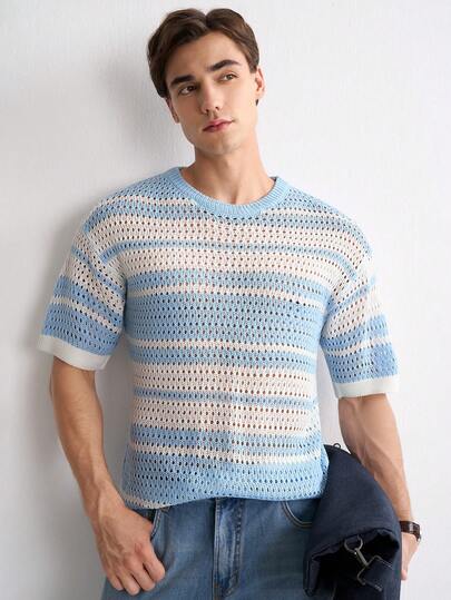 RONVEXI Camiseta de punto de manga corta con rayas de contraste para hombre
