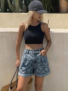 DAZY Spring Summer Hot Girl Retro Washed Floral All-Over Print Casual Vacation Street Beach Straight Leg Denim Shorts For Women - Blue - View 4