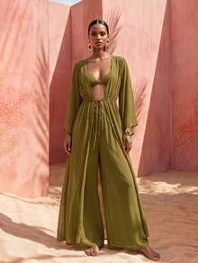 Zivah Women's Casual Beach Vacation Brown Robe Coverup & Wide Leg Pants Set, V-Neck Adjustable Waist Tie Robe Coverup & Palazzo Pants 2-Piece Set - Army Green - View 5