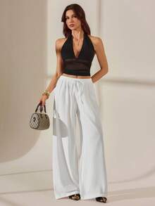 SHEIN Tall 2026女款春夏度假系列：新款白色100%純棉寬鬆抽繩腰長褲，水洗棉面料，適合居家休閒、日常跑腿、海灘出遊、時尚穿搭與休閒穿著，適合高個女性 - 白色 - 查看 11