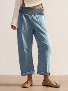 Bohemela Plus Size Women Casual Solid Color Drawstring Waist Pants - Blue - View 4