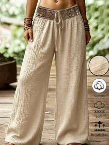 Zayélia Women's Drawstring Loose Wide Leg Solid Color Casual Pants - Beige - View 1