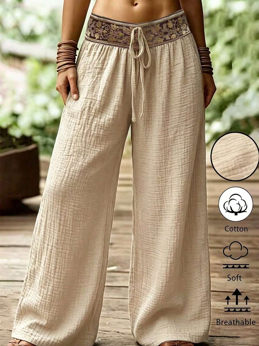 Zayélia Women's Drawstring Loose Wide Leg Solid Color Casual Pants - Beige - View 1