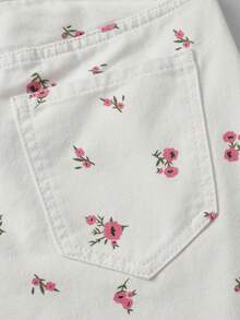 SHEIN PETITE Women's Casual Cute Everyday Denim Shorts With Pockets And Floral Print Picnic Vacation White Floral Summer - White - View 9