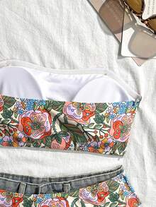Swim Vcay 2pcs/Set Women Floral Random Print Strapless Bikini Swimwear Set, Suitable For Summer Beach Vacation - Multicolor - View 5