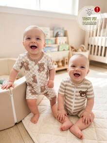 Baby Boys' 2pcs/Set Snug Fit Pajamas,Summer White Cute Graphic Bear Romper,Soft Fabric Loungewear For Family Matching Holiday Healthy Growth - Apricot - View 1