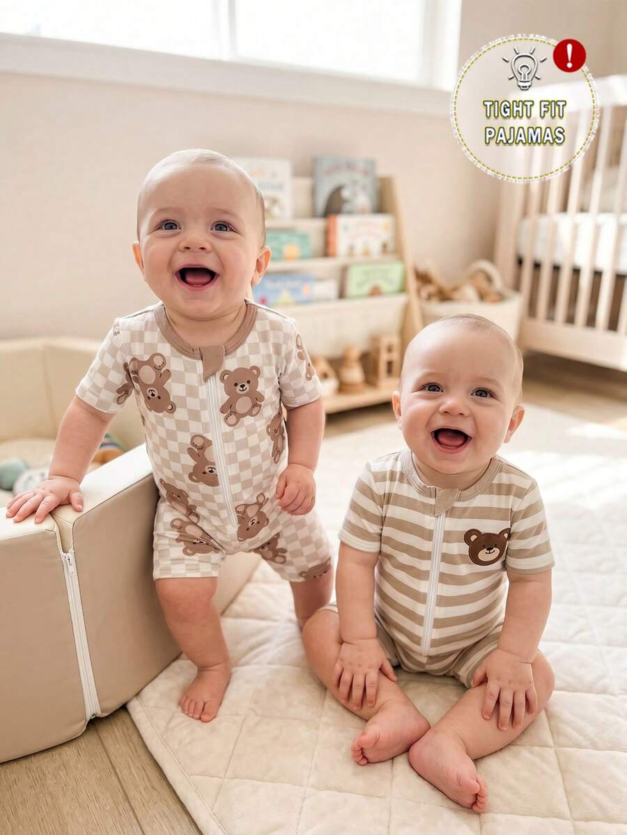 Baby Boys' 2pcs/Set Snug Fit Pajamas,Summer White Cute Graphic Bear Romper,Soft Fabric Loungewear For Family Matching Holiday Healthy Growth - Apricot - View 1
