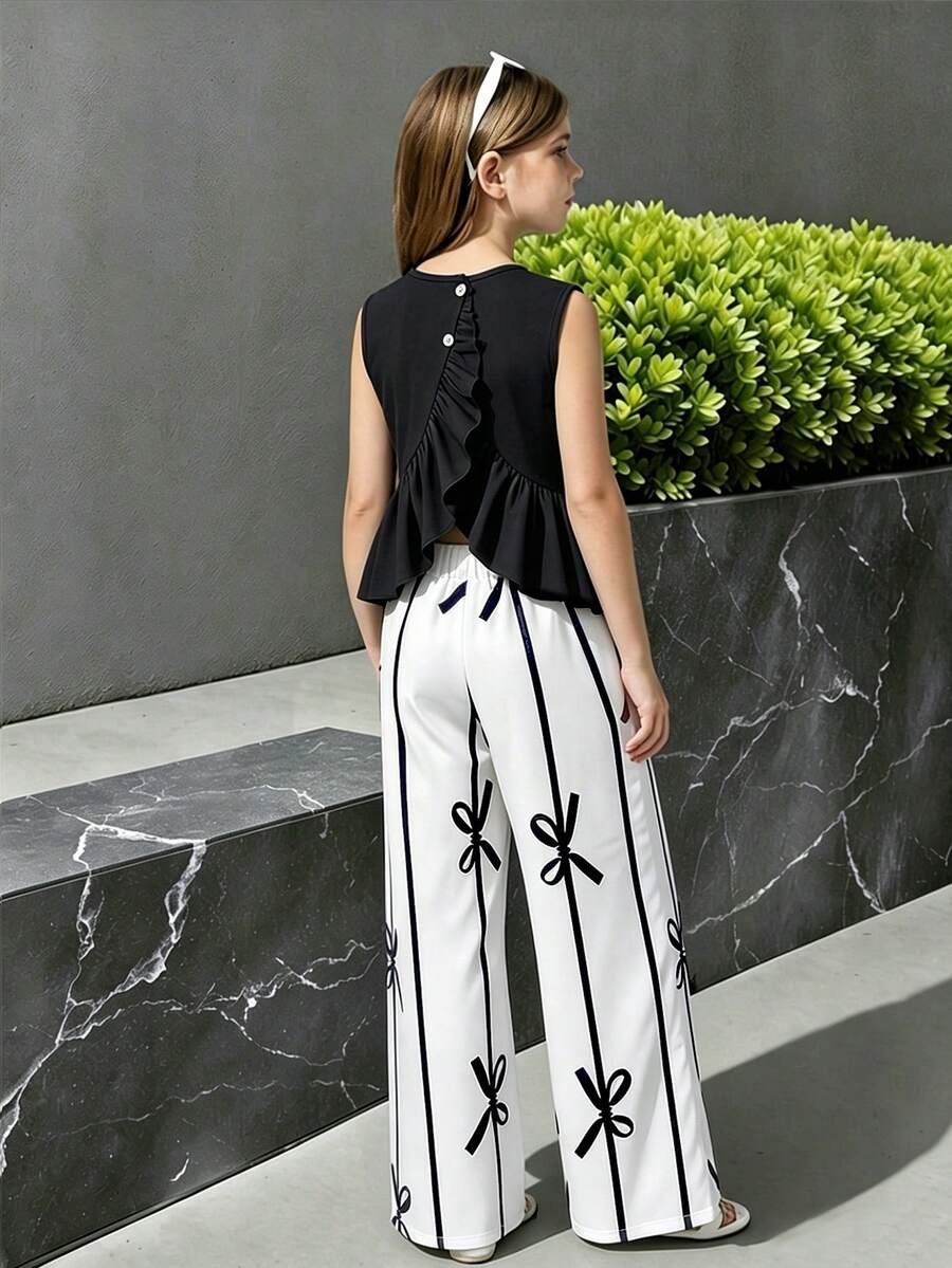 Set de 2 piezas Conjunto de verano para niñas con parte superior sin mangas con volantes en la espalda y pantalones con estampado de mariposas, casual y versátil, adecuado para vacaciones, salidas, compras, ir y venir - Negro - Ver 1