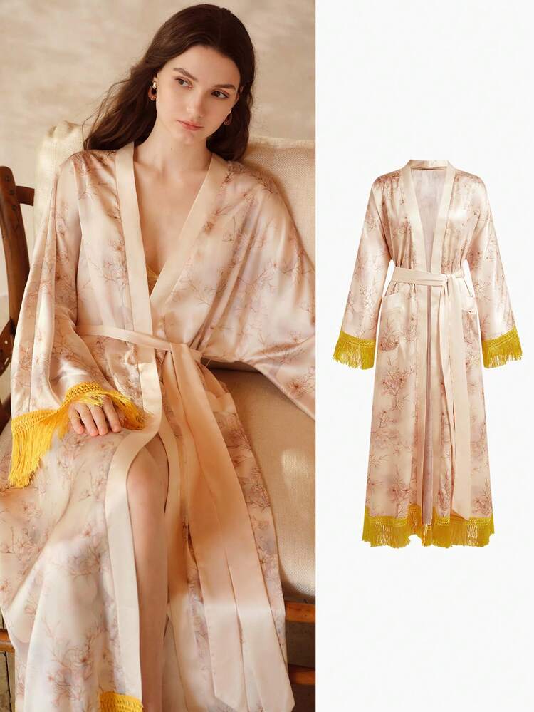 WOMEN'S ELEGANT FLORAL PRINT FRINGE DETAIL ROBE