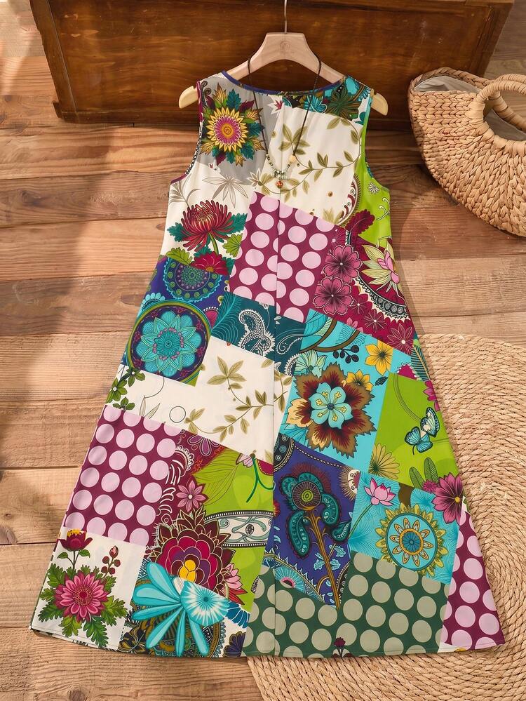 Plus Size Fashionable Polka Dot & Floral Print Patchwork Round Neck Dress, Vacation Style