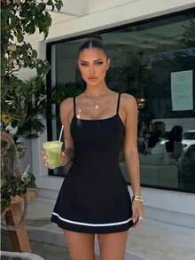 Sirith Adjustable Strap Color Block Short Jumpsuit Dress, Sports Outfit, Spring/Summer Athletic Dress Gym Women Outfit - Black - View 1
