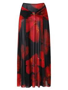 Swim Oasis 2026 New Plus Size Black,Summer,Boho,Beach,Holiday Swimsuit Set,Red Printed Halter V-Neck Strap With Metal Decor,Mesh Overlay Skirt Set - Multicolor - View 6