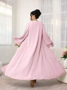 Al Najma Áo Abaya thanh lịch, trang nhã với họa tiết hoa, thích hợp cho mùa xuân và mùa hè. - Hồng - Xem 2