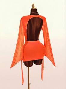Amplova Robe femme à manches longues, col cache-cœur, manches évasées, dos nu, avec franges à l'ourlet, sexy et avant-gardiste - Orange - Voir 3