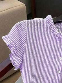 Franclia Women's Striped Frill Trim Short Sleeve Single-Breasted Casual Shirt - Purple - View 3