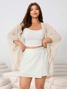 Solflare 大码极简纯色前开襟灯笼袖轻薄外套 - 杏色 - 查看 1