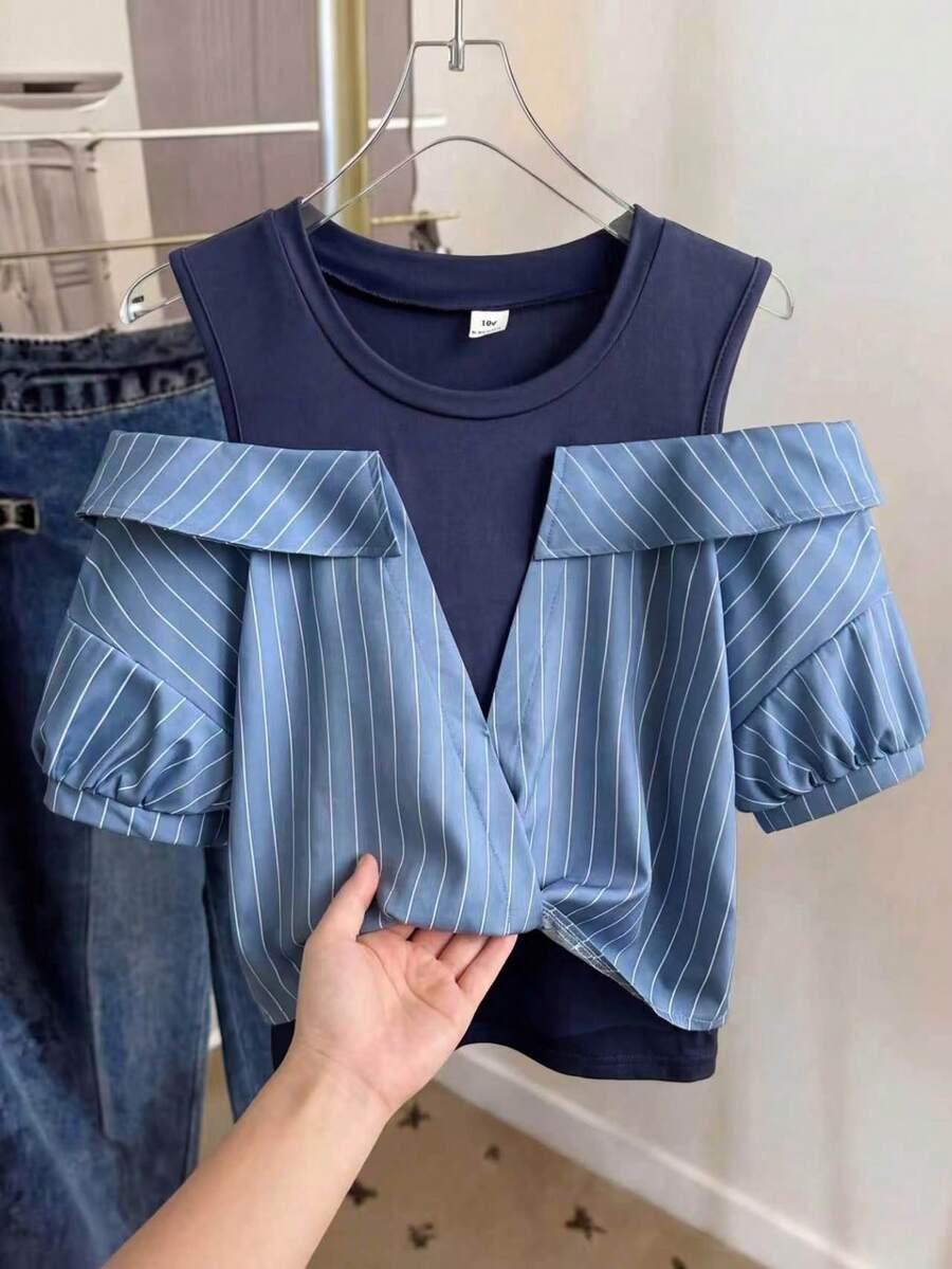 Tween Girl Navy Blue Print Round Neck 2 In 1 Short Sleeve Shirt Back-To-School School Summer Cute - Royal Blue - View 1