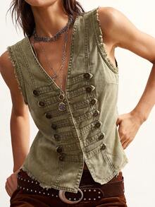 Bohemela Casual Solid Color Button Design Woven Denim Washed Vest - Army Green - View 8