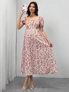 SHEIN Floral Print Maternity Dress With Short Sleeves Holiday Vacation Beige Summer Boho - Pink - View 4