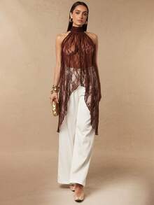 Silquee Women's Pastal Lace Halter Dress Elegant Sexy Semi-Sheer Floral Jacquard Turtleneck Asymmetrical Blouse Top Summer Party Night Date Golf Brown - Brown - View 6