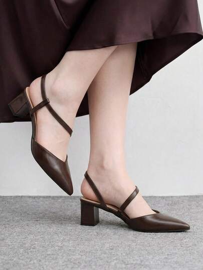 CUCCOO BIZCHIC Dark Brown Soft Leather Cross-Strap Pointed Back Thick Heel Shoes, Commuter Workplace Model