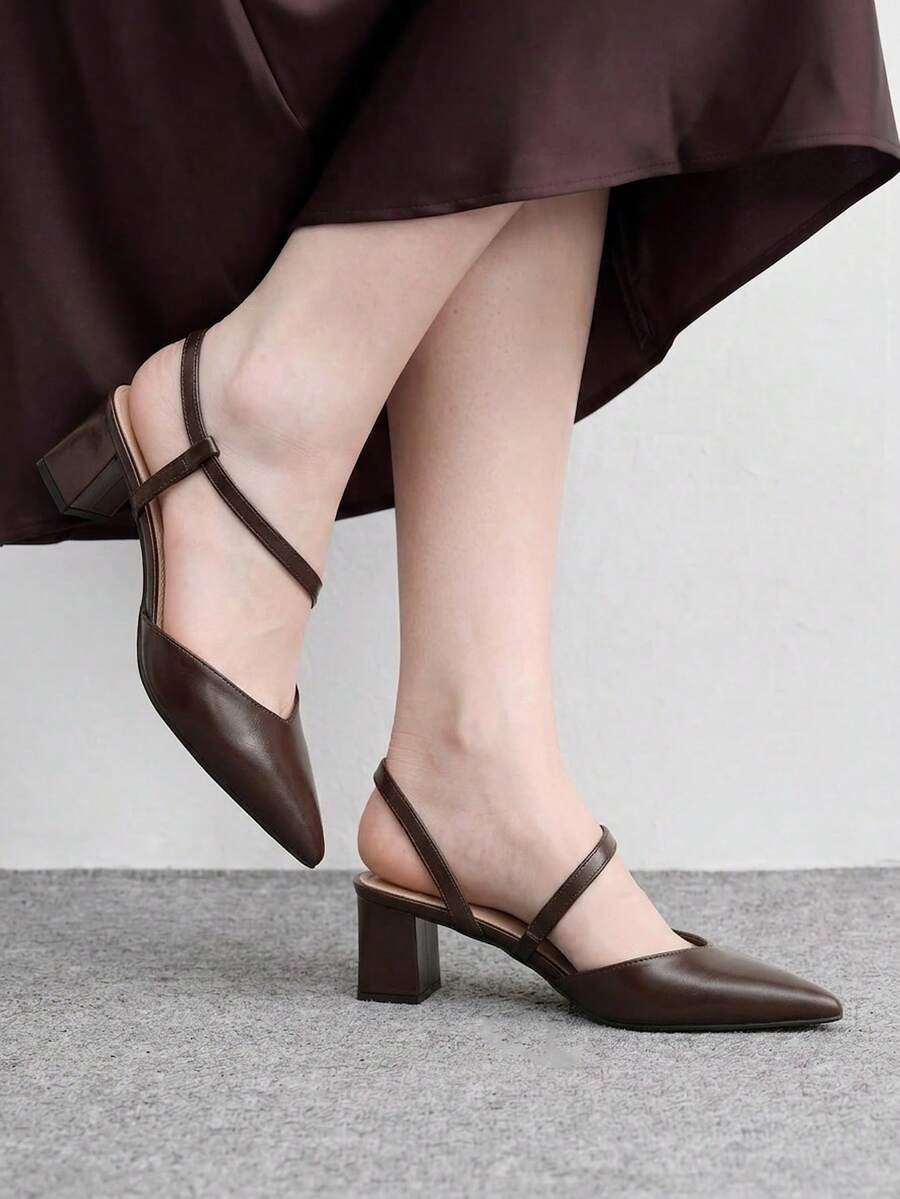 CUCCOO BIZCHIC Dark Brown Soft Leather Cross-Strap Pointed Back Thick Heel Shoes, Commuter Workplace Model - Brown - View 1
