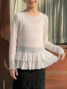 Dazy Kids Tween Girl Polka Dot Print Fashionable Double-Layer Frill Trim & Cuff Blouse - White - View 6