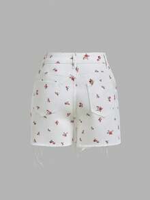 SHEIN PETITE Women's Casual Cute Everyday Denim Shorts With Pockets And Floral Print Picnic Vacation White Floral Summer - White - View 7