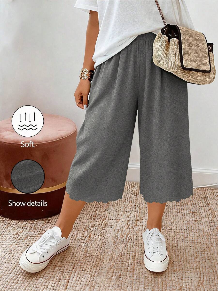 SHEIN PETITE CURVE 大码女式休闲抽绳腰针织七分裤 - 灰色 - 查看 1