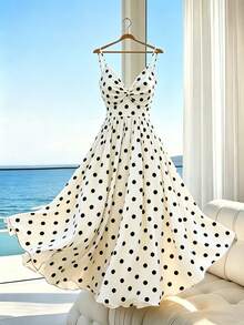 Everyssa Women's White With Black Polka Dots Sleeveless Camisole Dress,Summer Vintage Beach Vacation Swing Holiday,Elegant A-Line Slip Skirt - Apricot - View 1