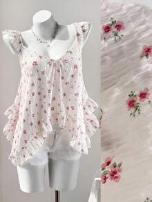 Sweetra Áo hai dây mùa hè phong cách Pháp lãng mạn họa tiết hoa nhí viền bèo, dáng rộng gấu không đối xứng, form thoải mái không tay - trắng - Xem 1