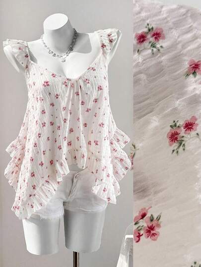 Sweetra Áo hai dây mùa hè phong cách Pháp lãng mạn họa tiết hoa nhí viền bèo, dáng rộng gấu không đối xứng, form thoải mái không tay