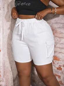 Slaydiva Plus Size High Waist Skinny Sexy Cargo Denim Shorts - White - View 3