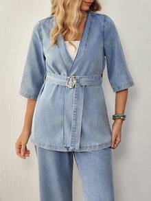 EMERY ROSE Women's Metal Buckle Versatile Short Sleeve Tie-Front Top And Casual Loose Pocket Denim Pants Set - Blue - View 6