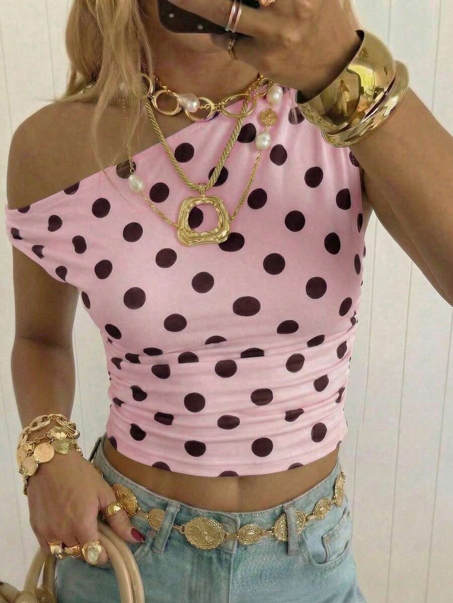 SHEIN 青少年女孩白色休閒極簡不對稱抓皺短版上衣，適合春/夏季，時尚日常穿搭 - 彩色 - 查看 1