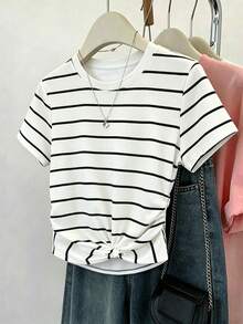 SHEIN Unity Women's Standard Size Printed Striped Casual Vacation T-Shirt With Twist Hem Design - White - View 1