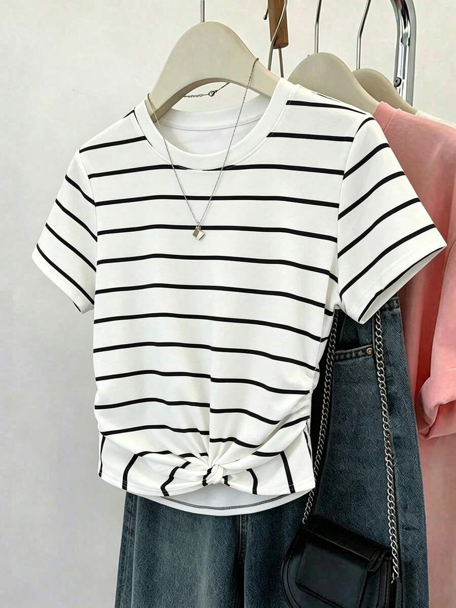 SHEIN Unity Women's Standard Size Printed Striped Casual Vacation T-Shirt With Twist Hem Design - White - View 1
