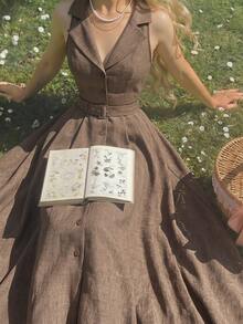 Skyraze Robe sans manches à épaules tombantes avec col châle kaki des années 70, style rétro universitaire, tenue western - Tabac - Voir 2