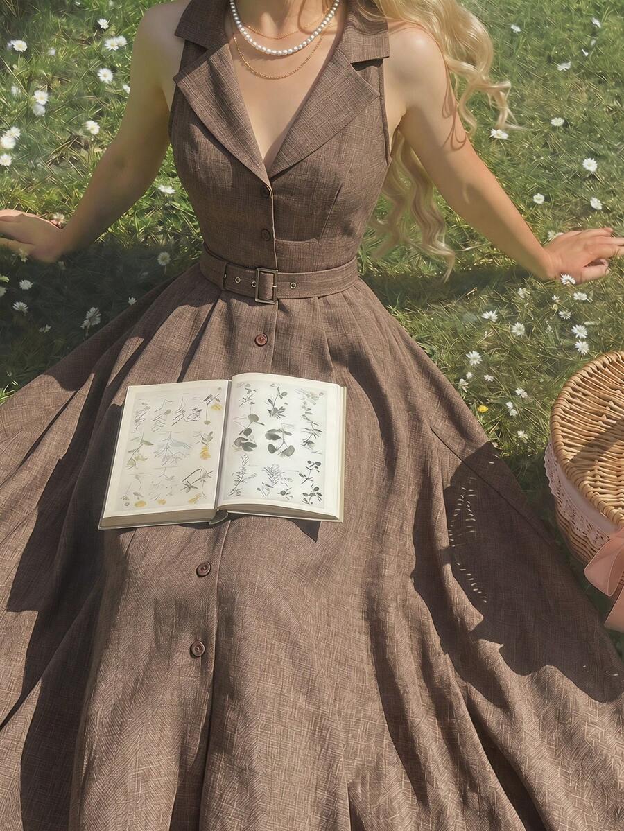 Skyraze Robe sans manches à épaules tombantes avec col châle kaki des années 70, style rétro universitaire, tenue western