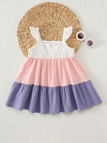 Cozy Pixies Vestido de tirantes con bloque de color y decoración floral para bebé niña, versátil y cómodo - Rosa - Ver 2