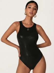 SHEIN BASICS Áo liền thân không tay ôm sát, màu trơn dành cho nữ, cổ tròn, gợi cảm, thích hợp cho mùa hè. - màu đen - Xem 4