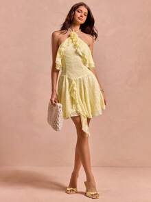 Enchnt Women's Elegant Pale Yellow Summer Halter Neck Dress,3D Floral Decor Ruffle Trim Solid Color Chic Holiday Vacation Outfits,Mother's Day Party - Yellow - View 4