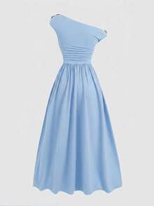 SHEIN Girlism Teen Girls' Elegant Commuter Fitted Sleeveless Asymmetric Neck Metal Buckle Decor Pleated Midi Blue Dress - Blue - View 2