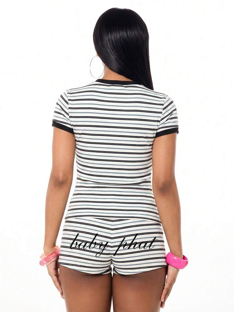 BABYPHAT Striped Tee With Logo Embroidery Crew Neck Short Sleeve Fitted Ribbed Casual Summer Top