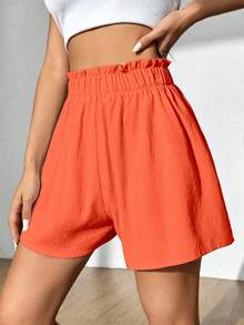 Flirla Women's Summer Casual Solid Color Ruffle Waist Shorts - Orange - View 3